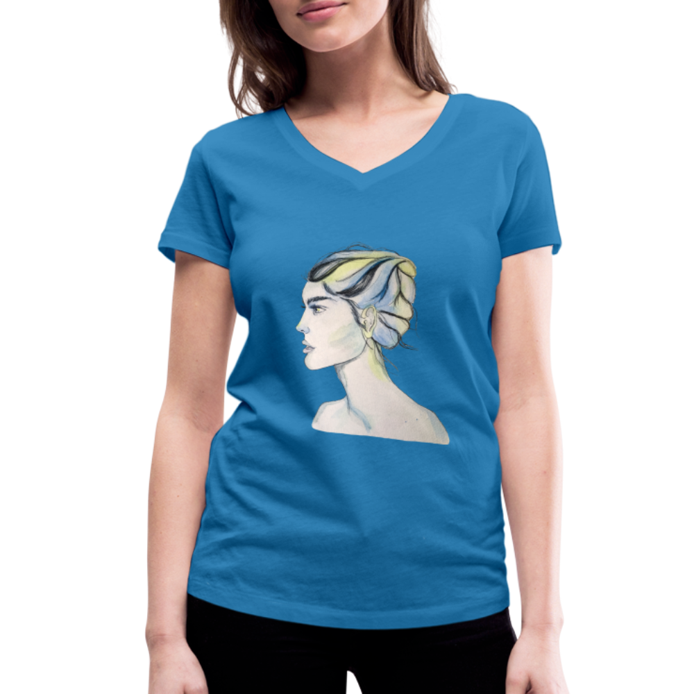 Portrait - Frauen T-Shirt mit V-Ausschnitt aus 100% Bio-Baumwolle - Pfauenblau