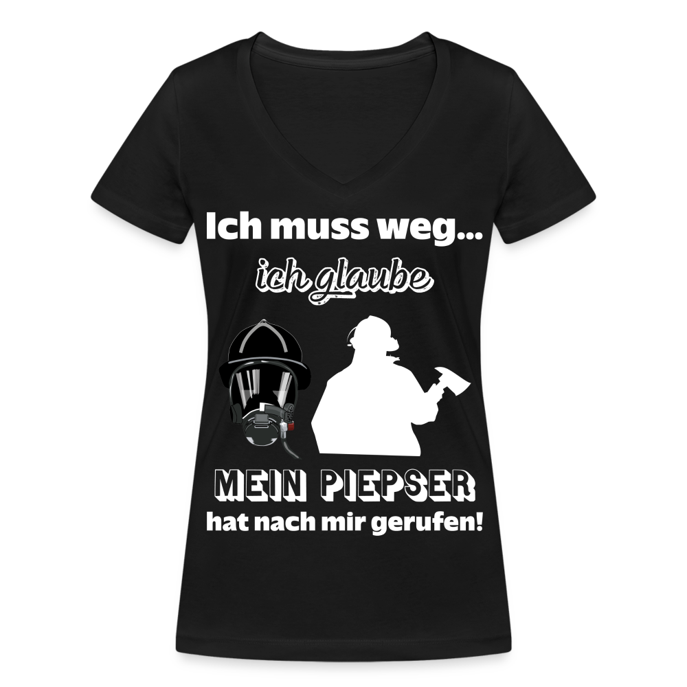 Ich muss weg... Ich glaube mein Piepser hat nach mir gerufen! - Frauen T-Shirt mit V-Ausschnitt aus 100% Bio-Baumwolle - Schwarz