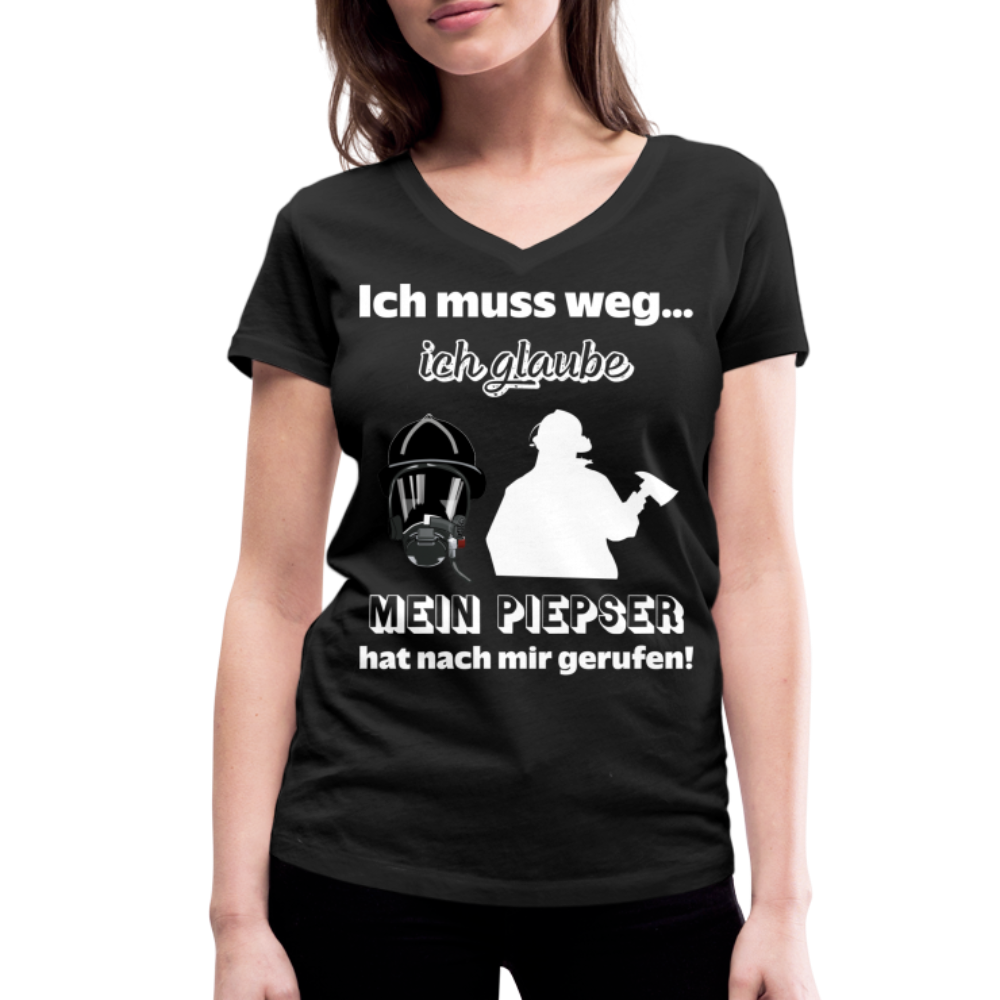 Ich muss weg... Ich glaube mein Piepser hat nach mir gerufen! - Frauen T-Shirt mit V-Ausschnitt aus 100% Bio-Baumwolle - Schwarz