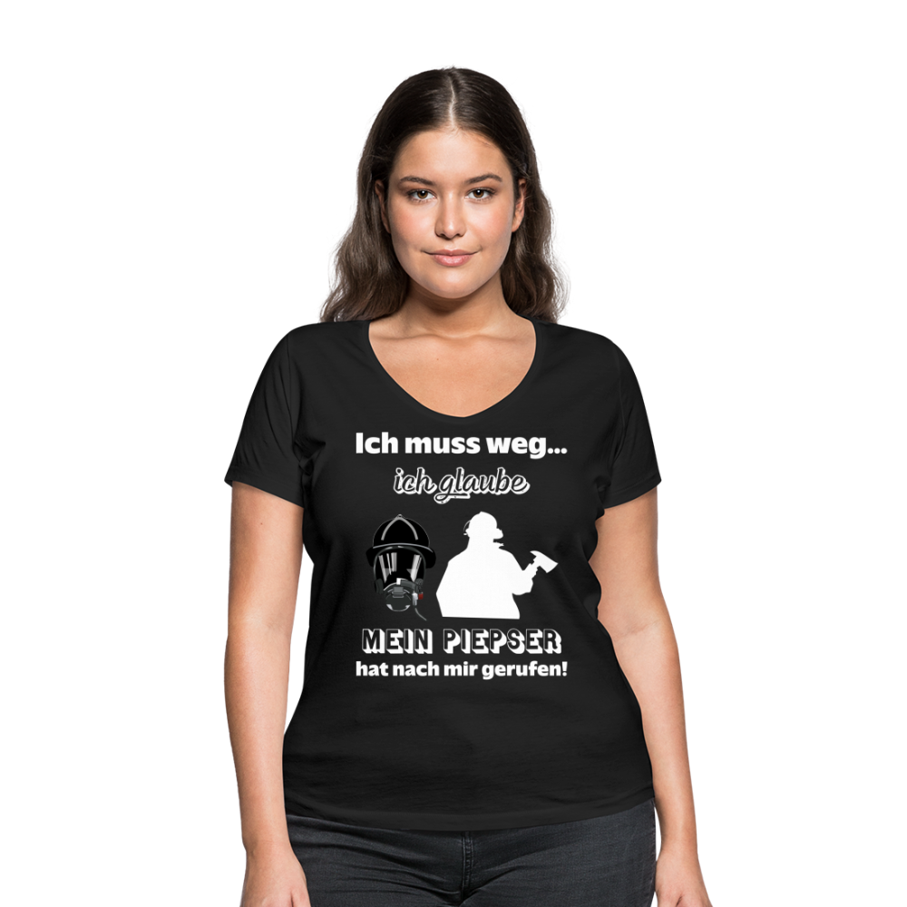 Ich muss weg... Ich glaube mein Piepser hat nach mir gerufen! - Frauen T-Shirt mit V-Ausschnitt aus 100% Bio-Baumwolle - Schwarz