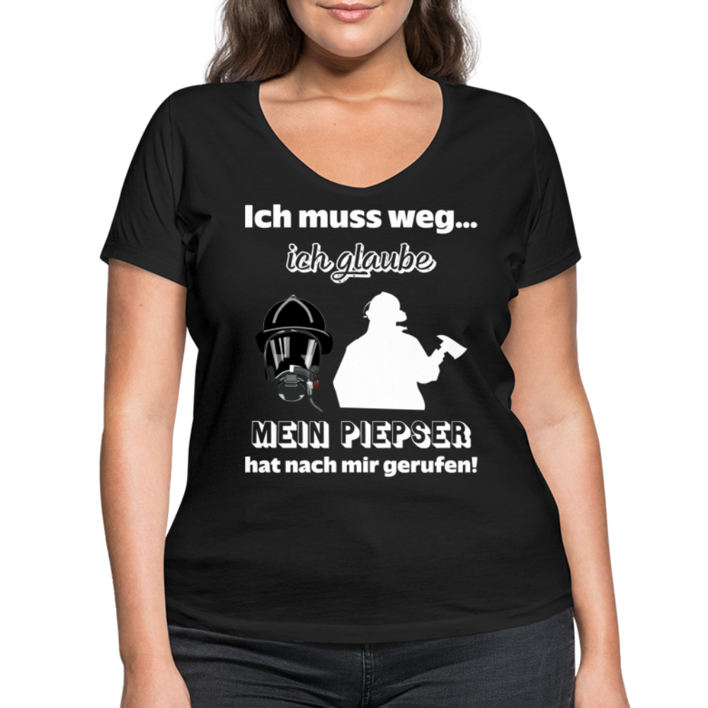 Ich muss weg... Ich glaube mein Piepser hat nach mir gerufen! - Frauen T-Shirt mit V-Ausschnitt aus 100% Bio-Baumwolle - Schwarz