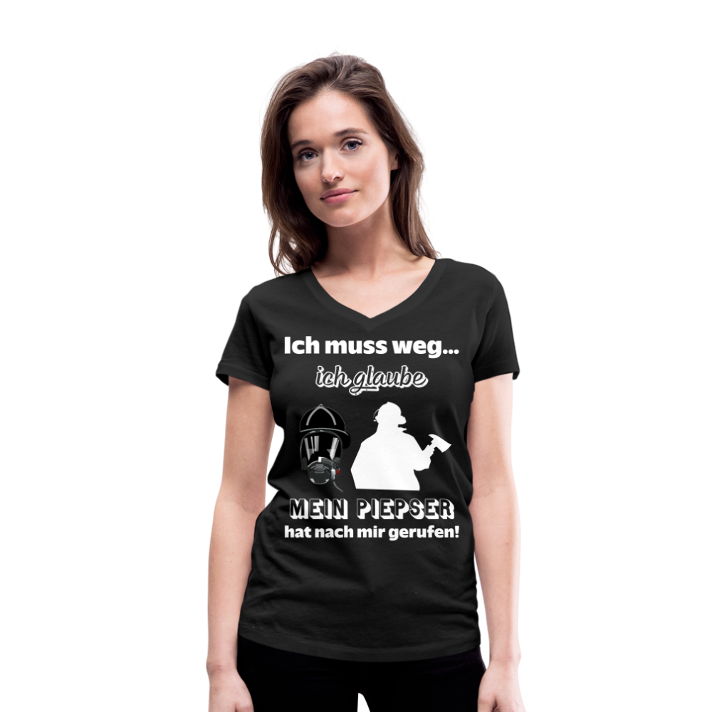 Ich muss weg... Ich glaube mein Piepser hat nach mir gerufen! - Frauen T-Shirt mit V-Ausschnitt aus 100% Bio-Baumwolle - Schwarz