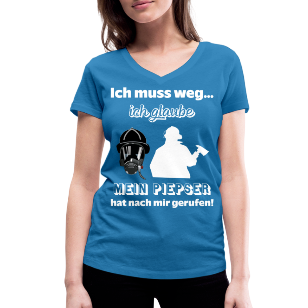 Ich muss weg... Ich glaube mein Piepser hat nach mir gerufen! - Frauen T-Shirt mit V-Ausschnitt aus 100% Bio-Baumwolle - Pfauenblau